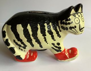 Vintage Kliban Style Coin Bank Walking Black White Kitty Cat Red Sneakers