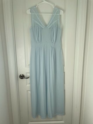 Vintage Baby Blue Nylon Long Nightgown V - Neck,  V - Back,  Gathers Semi - Sheer Size L