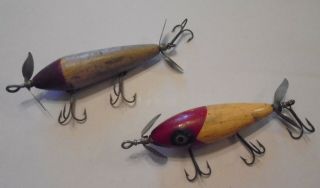 2 Vintage/antique? Wooden Twin Props Fishing Lures 3 Hooks Pflueger?