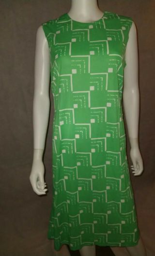 Green & White Vintage Lady Carol Geometric Print Sleeveless Dress Sz 16
