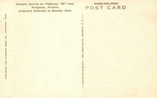 Hairpin Curves ROUTE 66 Kingman,  Arizona c1930s Hand - Colored Vintage Postcard 2