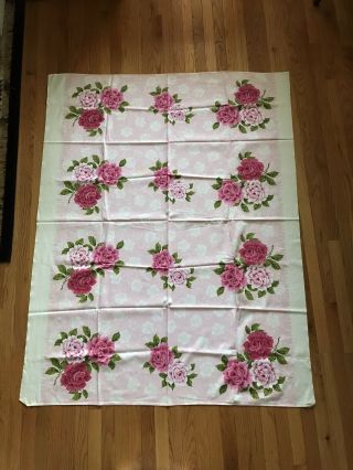 Vintage Cotton Tablecloth - Pink And Red Roses