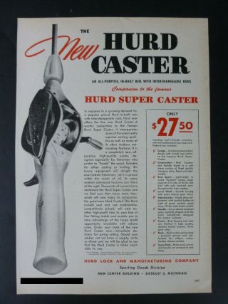 Rare Vtg 1949 Dealer Ad – “new” Hurd Caster Rod Pole Reel 1940’s Fishing Tackle