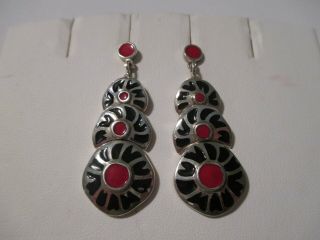 Unique Vintage Sterling Silver Red And Black Enamel Dangle Style Earrings - 12.  5g
