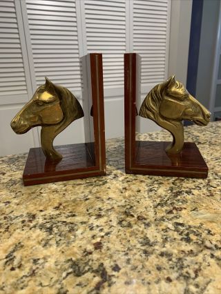 Vintage Cherry Wood & Brass Horse Head Equestrian Bookends Pair Library Den 7.  5 "