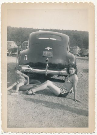 Leggy Bikini Mother By 1941 Plymouth Car Vtg 40 
