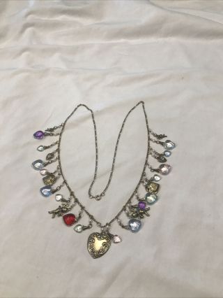 Gold Tone Angel Cherub Heart Charm Necklace Vintage Art Nouveau Style Long 18 “