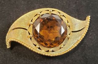 Vintage Charel Amber Colored Rhinestone Statement Brooch Pin Goldtone Florentine