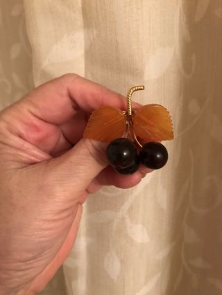Vtg Dangling Cherry & Leaves Brooch - Yellow Orange Leaves/3 Dark Amber Cherries