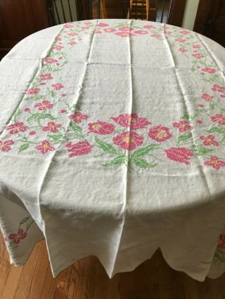 Vintage Large Pink And Green Cross Stitch Tablecloth 64 X 80 Inches
