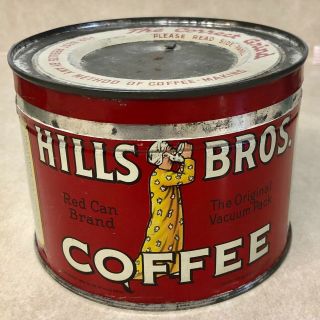Vintage 1939 Hills Bros.  “red Can Brand” 1 Pound Coffee Tin & Lid