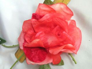 Vintage Millinery Flower 6 " Silk Velvet Open Rose Varigated Coral Red Leaves