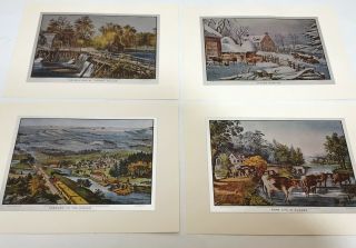 Set Of 4 Currier And Ives Vintage Color Foil Etch Prints 19th Century America