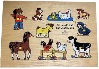 Vtg Fisher - Price Wood Farm Animals Puzzle Toy Child Grandchild Gift
