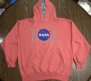 Nasa Hoodie Pink Pullover Sweatshirt Vtg Space Astronaut Rocket Men’s Size L