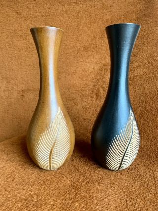 Vintage Solid Wood Vases Hand Carved Decorative Folk Art Set Of Two 15 " H