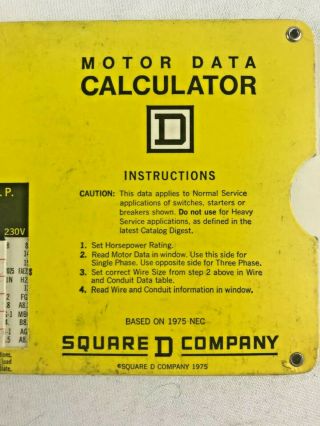 Vintage 1975 Square D Company Motor Data Calculator Slide Rule Chart
