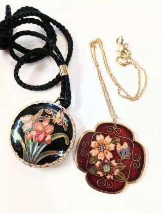 Vintage Cloisonne Necklaces Set Of 2 Floral Metal & Enamel,  Iris,  Butterfly