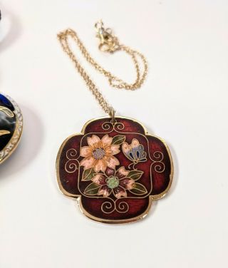 Vintage Cloisonne Necklaces Set Of 2 Floral Metal & Enamel,  Iris,  Butterfly 3