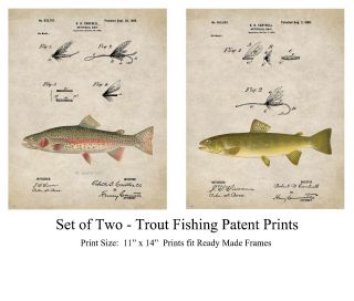 Vintage Fly Fishing Lures Patent Prints Brown Trout Fish Cabin Decor (set Of 2)
