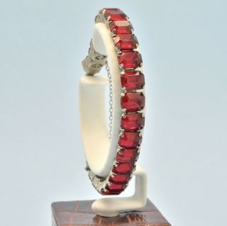 Early Vintage Tennis Bracelet 1940s Red Emerald Cut Crystal Silvertone Jewellery
