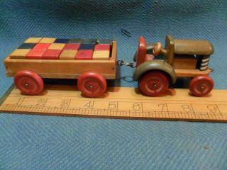 Vintage Wooden Toy Tractor & Trailer With Building Bricks / Blocks 1960s