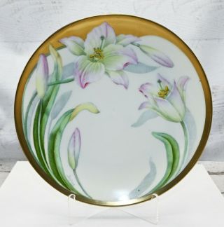Antique P T Bavaria Germany Hand Painted Artist Signed Lilly Plate Gold Rim
