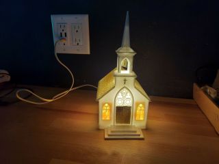 Vtg Noma Plastic Church Electrical Light Up Music Box Wind Up Christmas W/ Box