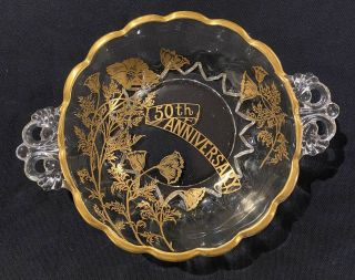 Vintage Depression Glass Style 50th Anniversary Candy Nut Dish Gold Trim Floral
