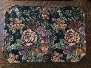 Vintage Set Of 6 Tapestry Placemats Victorian Floral Design Black Pink Burgundy