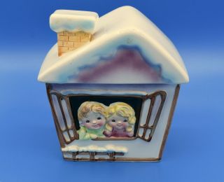 Vintage Hansel And Gretel Ceramic Cookie Jar Winter Cottage House