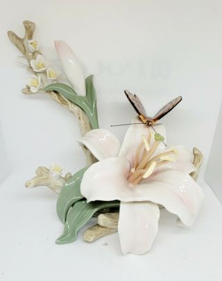 Romantic Vintage White And Pink Orchid/flower With Butterfly Porcelain Statue