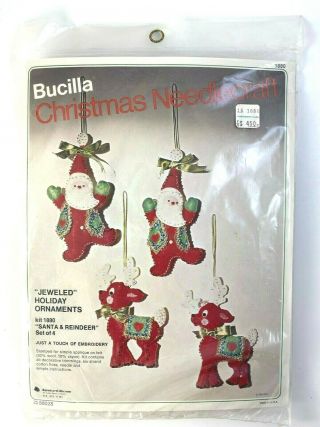 Vtg Bucilla Jeweled Christmas Ornaments Santa & Reindeer Kit 1880