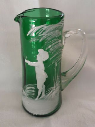 Vintage Mary Gregory Style Green Glass Jug Boy And Flower