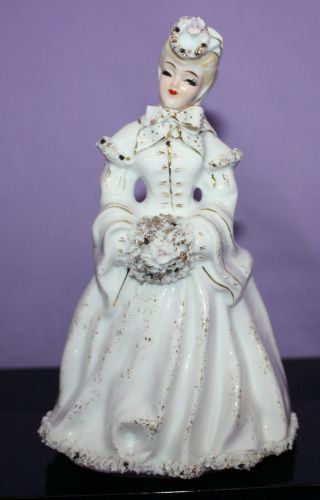 Vintage Lefton Porcelain Victorian Lady W Hand Muff White With Gold Tone Trim