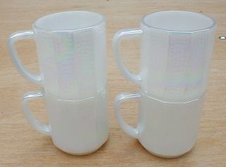 Set Of 4 Vtg Federal Glass 12 Sided Dodecagon Mugs Iridescent White Luster