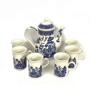 Vtg Churchill Willow Tea/ Coffee Pot W 6 Cups/ 8 Piece Set Made In England