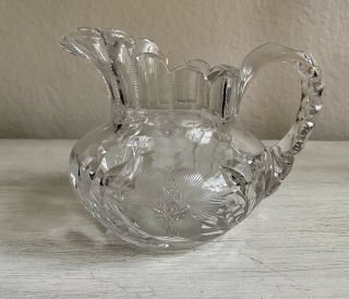 Heavy Cut Crystal Creamer With Frosted Etched Flowers And Scalloped Edge