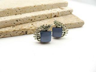 Vintage Signed Coro Navy Blue Thermoset Silver Tone Vine Clip On Earrings C70