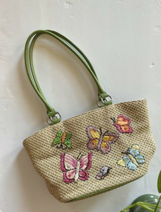 Vintage Purse Butterfly Embroidered Shoulder Bag Green Leather Handles
