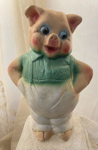 Vintage Art Deco Carnival Prize Chalkware Plaster Standing Pig In Overalls Bank