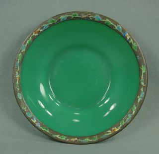 Vintage Chinese Celadon Green Peking Glass Bowl Dish Tray W/ Enamel Silvered Rim