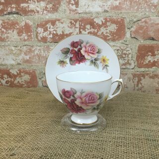 Vintage Queen Anne Floral Roses Teacup & Saucer Bone China England 8517 Pattern