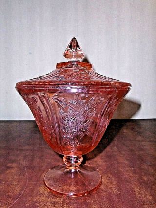 Vintage Pink Depression Glass Sharon Cabbage Rose Candy Dish W/ Lid Federal
