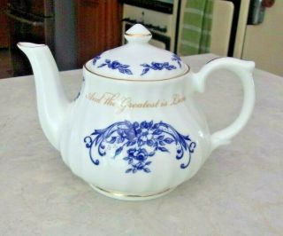 Vtg Carpentree Delft Tea Pot W/ Lid " And The Greatest Is Love " Made England