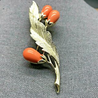 Sarah Cov Vintage Brushed Gold Tone Leaf Brooch Orange Globe Flower 3.  5 " Long
