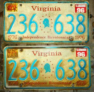 Vintage Set 1776 - 1976 Independence Bicentennial Virginia License Plates Va Tag