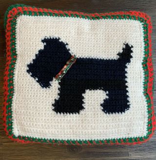 Vintage Handmade Knit Christmas Scottie Dog Throw Pillow Jingle Bells