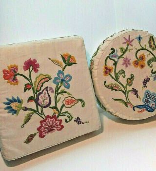 2 Vintage Embroidered Needlepoint Floral Throw Pillow Covers With Foam Pillows