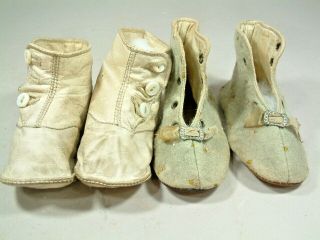 2 Pair Antique Baby/doll Shoes Usable For German Bisque Head Doll Look